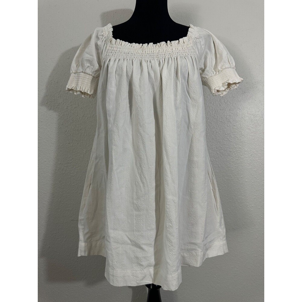Free People Smocked Boho Peasant Dress White Puff Sleeve Babydoll Pockets SizeXS